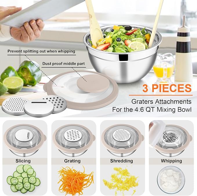 E-far Mixing Bowls Set of 5, Stainless Steel Salad Mixing Bowl with Transparent Lid, Metal Nesting Bowl Attach with 3 Graters for Kitchen Prepping/Serving/Baking/Storage, 4.6/2.6/1.5/1/0.7 QT - Khaki