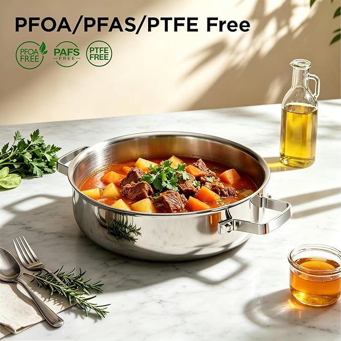 COOKER KING 5Qt Sauté Pan w/Lid, Stainless Steel Braiser, Chicken fryer | Non-Toxic Uncoated Pot, Dishwasher & Oven Safe, Induction Ready, Dual Cool Handle, 3-Ply Clad for Fast Heat