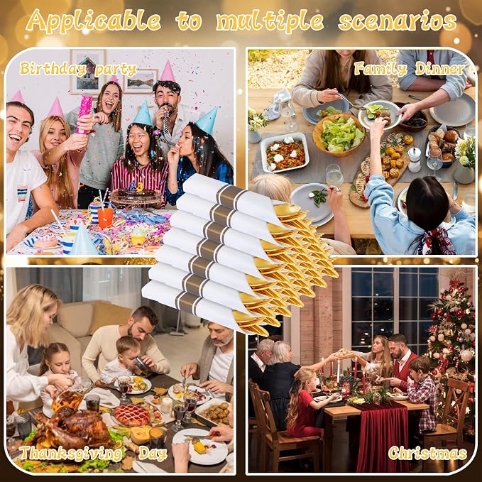 100 Pack Gold Plastic Silverware with Napkins Wrapped | Pre Rolled Silverware Set Disposable Wrapped Cutlery Set(100 Forks, 100 Spoons, 100 Knives) for Wedding & Party Supplies
