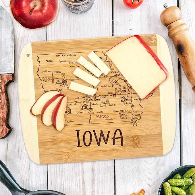 Totally Bamboo A Slice of Life Iowa Engraved Map Cutting Board | 11” x 8.75” charcuterie board with engraved state map artwork. Smooth reverse side for food prep. Hang tie for wall display.