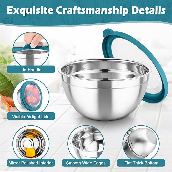 TeamFar Mixing Bowls, 3PCS Stainless Steel Serving Salad Bowls | with Lids & 3 Graters for Kitchen Mixing/Baking/Storing/Prepping, Visible & Airtight, Easy Clean - 4.5/3/1.5 QT, Dark Blue