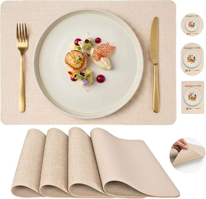 Faux Leather Placemats Set of 4, Wipeable Waterproof Stain Resistant Table Mats, Heat Resistant Thick Placemats with Hand-Painted Edges for Kitchen Dining, Imitative Linen Texture, Various Shapes