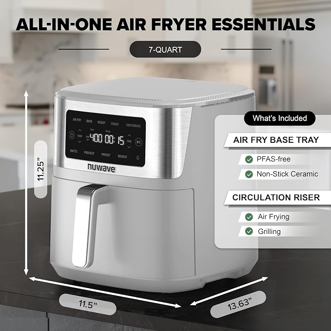 Nuwave Brio Plus 7QT Air Fryer, Extra Crispy Results w/Less Oil, PFAS-Free | Non Toxic, Odor-Free, More Even, 100 One-Touch Presets, 6-in-1: Air Fry, Bake, Roast, Toast, Dehydrate & Reheat, 50°F–400°F