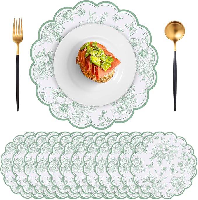 60 Pcs Sage Green Floral Paper Placemat, Disposable Scalloped Table Mat | 13.5 Inch Wedding Placemats,Vintage Floral Banquet Place Mats for Table Setting Wedding Bridal Tea Party Wildflower Party