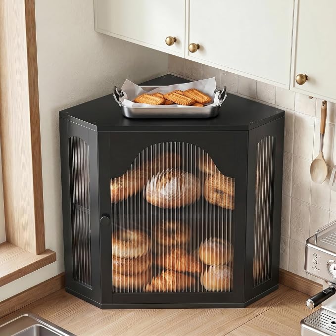 2-Tier Corner Bread Box for Kitchen Countertop with Acrylic Wavy Door Panel | Bread Storage for Homemade Bread, Large Bamboo Vintage Farmhouse Bread Bin, Cabinet Cupboard Pantry, Black, Meduim