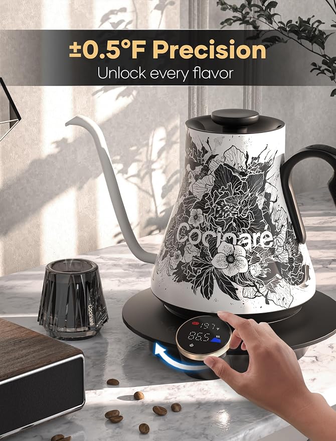 Cocinare Artisan Collection Gooseneck Electric Kettle, ±0.5°F Temperature Control for Pour Over Coffee & Tea, 1500W Fast Heating, Stainless Steel Interior, 0.9L, Blossom Design