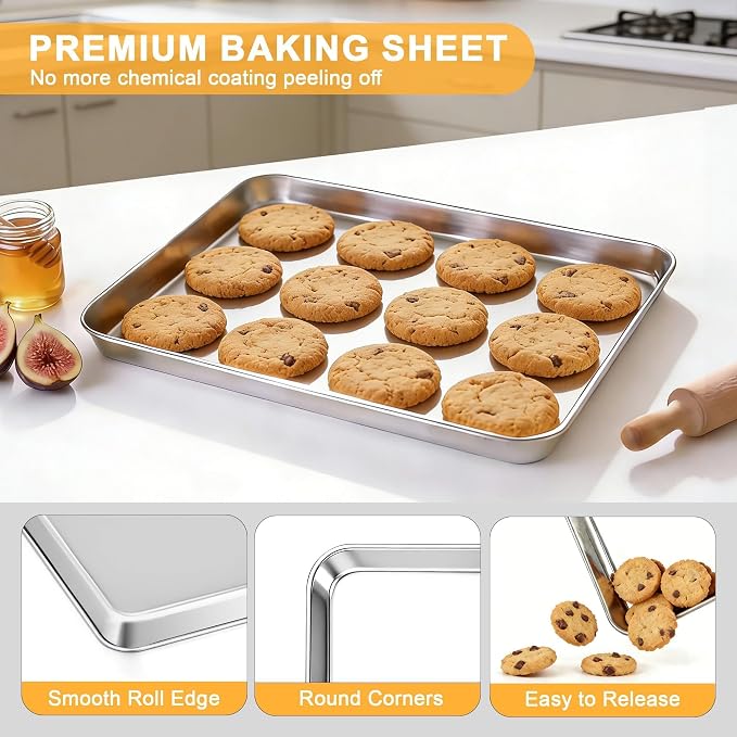 Onader 12.5" x 9.7" Inch Baking Sheet, Stainless Steel Quarter Sheet Pan for Baking & Roasting, Metal Cookie Toaster Oven Pan Tray, Mirror Finish & Dishwasher Safe, 1-Pack