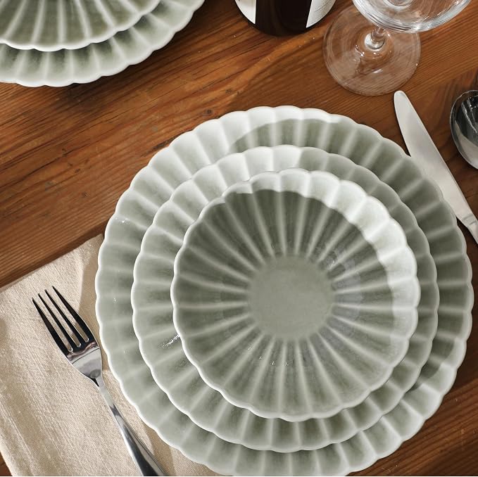 Gibson Elite Peach Orchard 12-Piece New Bone China Dinnerware Set Service for 4, Embossed Fluted Plates and Bowls, Dishwasher and Microwave Safe, Sage Green