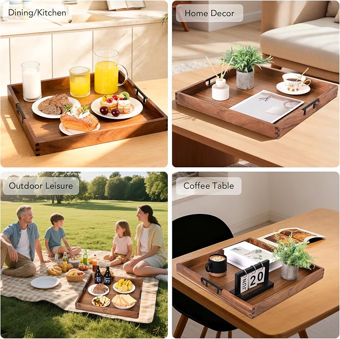 Joy&Grace Acacia Wood Ottoman Tray with Handles 20" x 20" | Large Acacia Wooden Serving Tray for Coffee Table Living Room, Breakfast in Bed, Food Dinner, Kitchen, Couch (Color Natural)