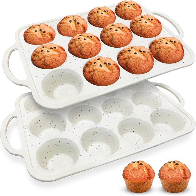 Silicone Muffin Pans for Baking with Metal Reinforced Frame, 12-Cup Cupcake Pan, 2 Pcs Muffin Trays for Cupcake Baking, Tray Molds, Oven & Dishwasher Safe, BPA-Free (2 x Standard)