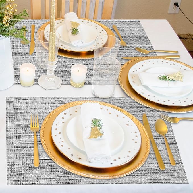Grey Placemats Set of 4, 12x18 Inch Washable Easy to Clean Heat-Resistant Anti-Skid Grey Placemats for Holiday Party Kitchen Dining Room Decoration