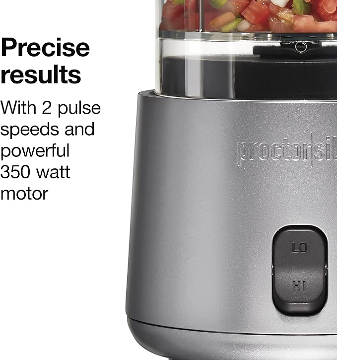 Proctor Silex Durable Electric Vegetable Chopper & Mini Food Processor | 3.5 Cup Bowl | 2 Speeds For Chopping, Puree & Emulsify | Stacking Design For Easy-Assembly | 350 Watts | Silver | 72870