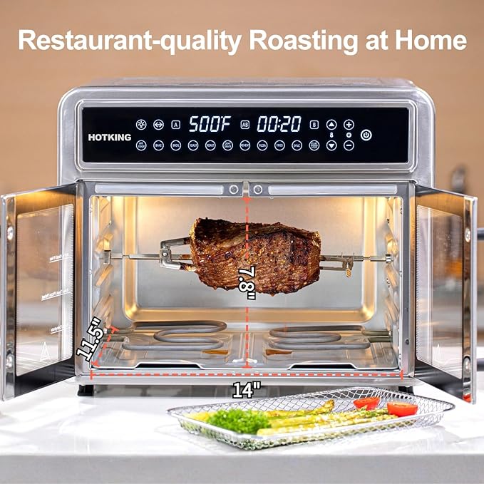 HotKing Dual-Zone Air Fryer Toaster Oven Combo, 28 QT XL Convection Oven | French Door, Stainless Steel Non-Toxic, 10-in-1 Multifunction, 500F Broil, Rotisserie, Dehydrate, Reheat, Bake, ETL Rated