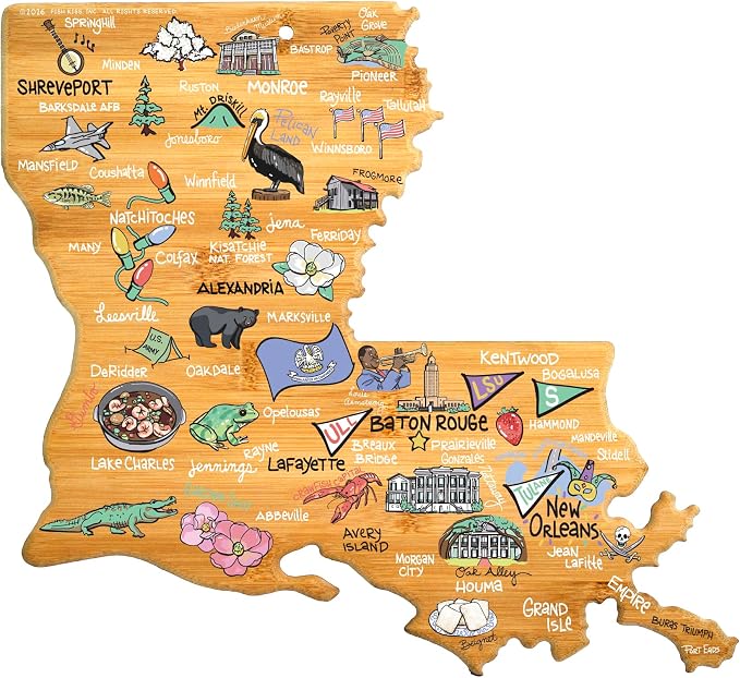 Totally Bamboo Louisiana State Shaped Cutting Board, Art by Fish Kiss | State charcuterie board with colorful hand-drawn map artwork. Smooth reverse side for food prep. Hang tie for wall display.