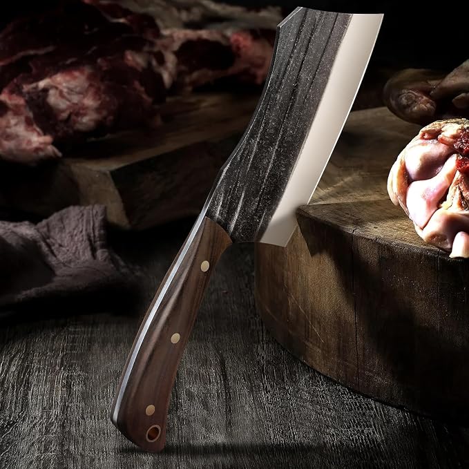 HOSHANHO Butcher Knife Set, 3PCS Knife Set of Bone & Cleaver & Viking Knife | High Carbon Steel Serbian Chef Knife Set of Heavy Duty Chopping Knife for Home, Cooking, Outdoor Camping BBQ