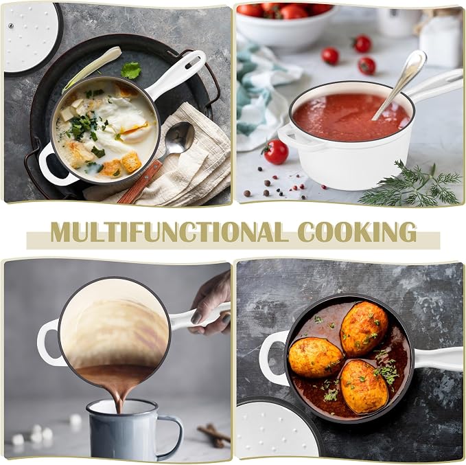 E-far Enameled Cast Iron Sauce Pan with Lid, 1 Quart Dutch Oven Saucepan, Mini Sauce Pot for Cooking, Boiling, Healthy & Non Toxic, Induction & Oven Safe, White