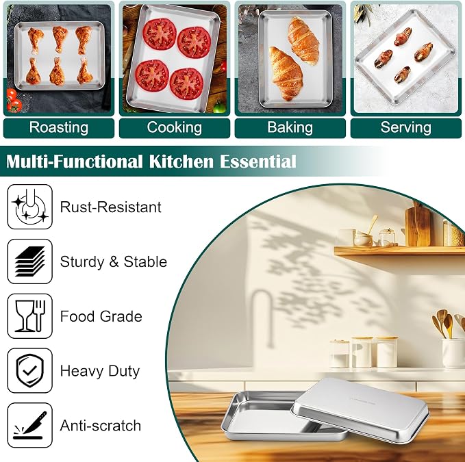 E-far 1/8 Baking Sheet with Wire Rack, Stainless Steel 2 Pans + 2 Racks | 9.4 x 7.3 Inch Cookie Sheets Trays & Cooling Rack for Toaster Oven, Non Toxic & Warp Resistant, Oven & Dishwasher Safe