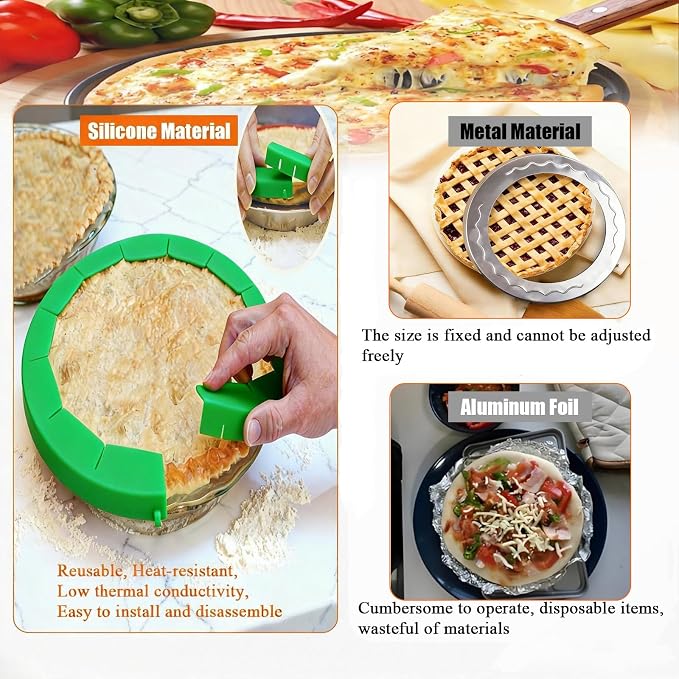 Easily Adjustable Silicone Pie Crust Protector, Fits8-11.5" Pie Crust | Food-Grade Silicone , Prevents Crust Edges from Burning,2 Anti-Slip Clips,BPA-Free, Oven/Microwave/Dishwasher Safe,green,2pcs