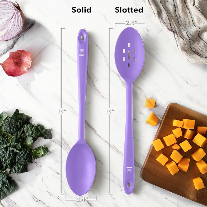 DI ORO Silicone Cooking Spoons - Solid & Slotted Set, 2-Pc Lavender | Large heads for mixing, serving, and stirring; Heat-resistant to 600F for nonstick cookware; BPA-free and dishwasher safe