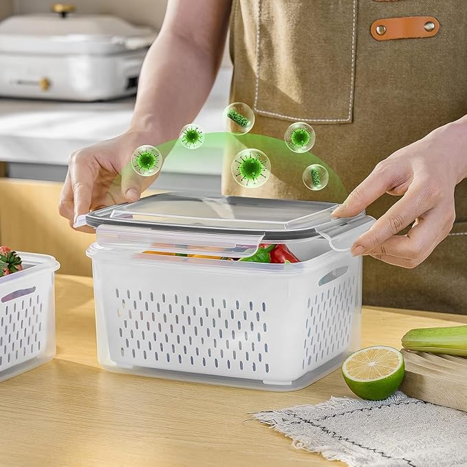 5 PCS Large Fruit storage Containers for Fridge with Colanders and Choppers | Leakproof Food Storage Containers with Lids, Dishwasher Microwave Safe Produce Containers to Keep Fruits Vegetable Fresh