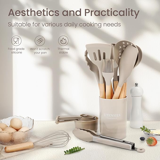 NCUE 6-Pcs Silicone Kitchen Utensils Set Wood Handle BPA-Free Food Grade (Khaki, 26 Piece)