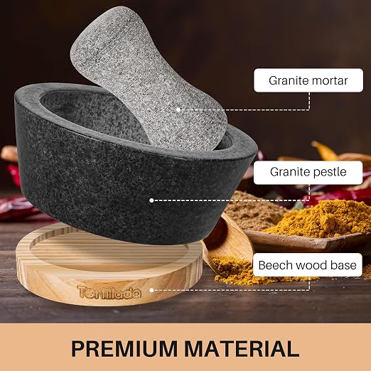 – 6-inch Mortar and Pestle Set Large Made of Natural Granite with Anti-Scratch Wood Base Granite Spice Herb Grinder Pill Crusher with 50 Recipes, Black