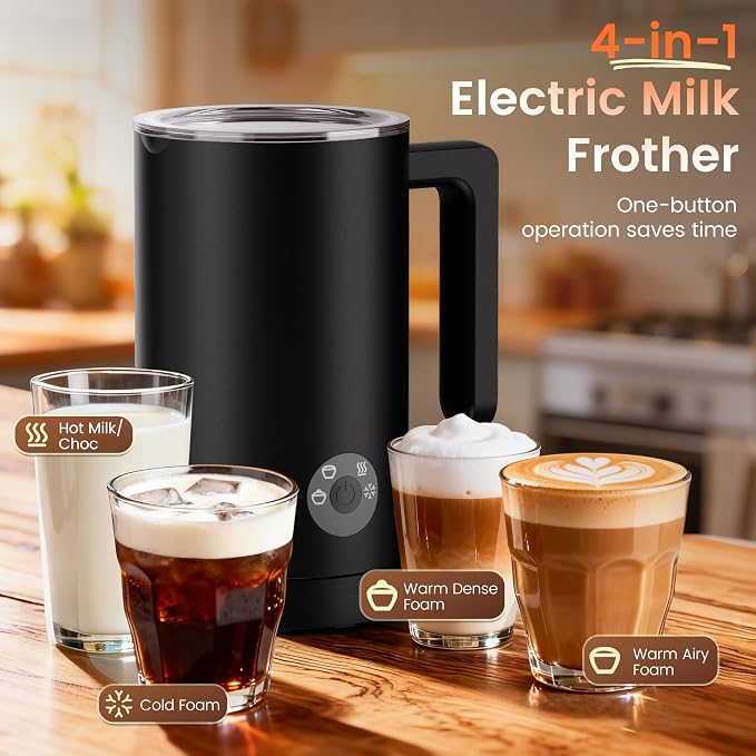 4-in-1 Electric Milk Frother & Steamer – Automatic Frother Machine, Barista-Style Hot & Cold Foam for Lattes, Cappuccinos, Iced Coffee, Quiet, One-Touch, Easy to Clean