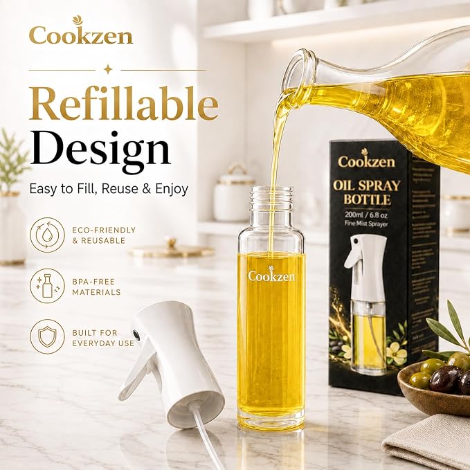 Oil Sprayer for Cooking, 200-ml | Avocado Oil Spray Bottle, Refillable, Reusable Fine Mist Spray Bottle for Air fryer, BBQ, Salad, Baking (white)