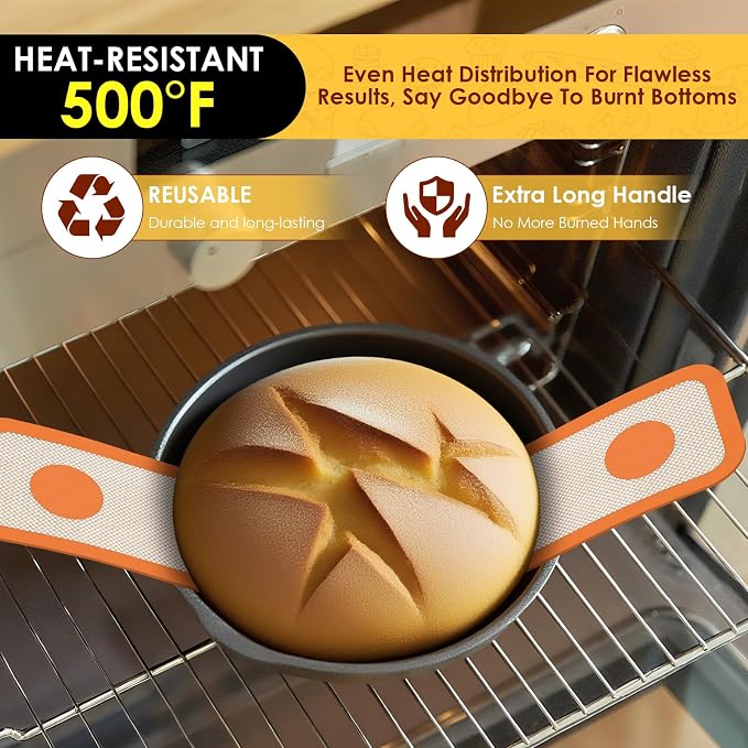 HOTEC 2 Pcs Silicone Bread Sling for Dutch Oven, 0.7MM Thickened Heat Resistant to 500°F Non-Stick Baking Mat with Long Handle Easy to Transfer Sourdough Bread, Dutch Oven Liners Baking Supplies