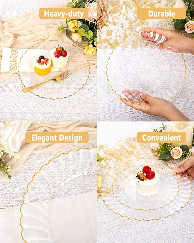 YOUBET 175PCS Clear and Gold Scalloped Plastic Plates for Party Wedding | Clear and Gold Disposable Dinnerware Set Include 50 Plates, 75 Gold Silverware, 25 Cups, 25 Napkins