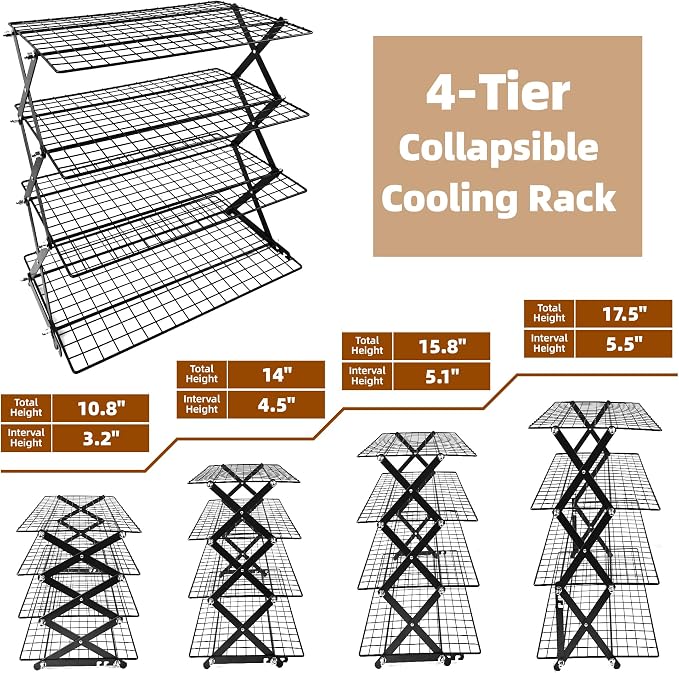 4 Tier Collapsible Cooling Rack Sourdough Cooling Rack 17"x10" | Cooling Racks for Cooking and Baking, Roasting, Grilling, Adjustable 6 Setting Design stackable, Oven & Dishwasher Safe
