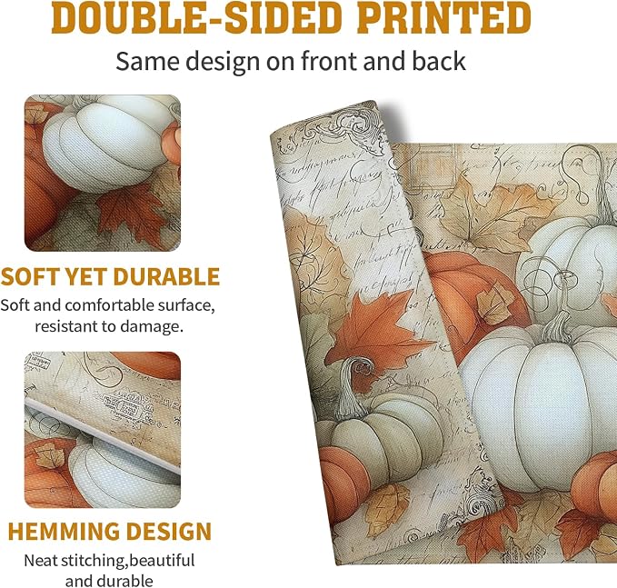 Fall Pumpkin Placemats Set of 4 Vintage Autumn Maple Leaf Seasonal Place Mats 12x18 Inch Thanksgiving Farmhouse Linen Fabric Table Mats for Party Kitchen Dining Outdoor Indoor Decor