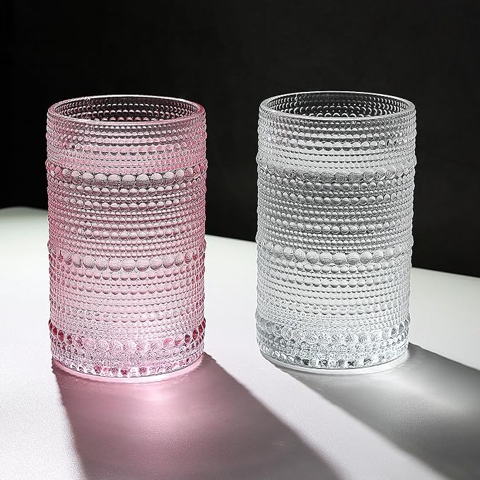 Hobnail-Drinking Glasses 13oz Vintage Glassware Sets Cocktail Juice Glasses Set of 6, Pink