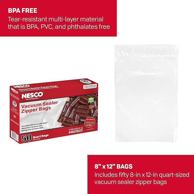 Nesco Vacuum Sealer Quart Zipper Bags - 50 Count - 8" x 12"