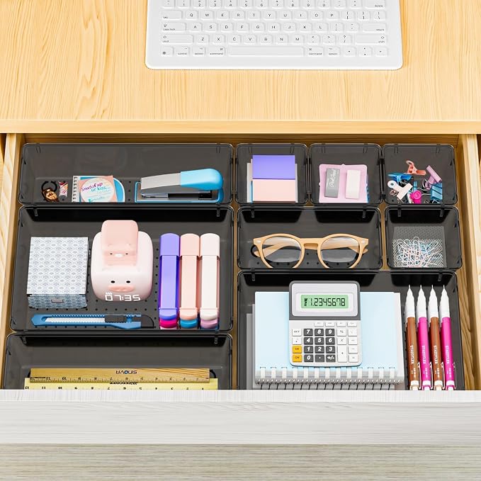 25 PCS Plastic Drawer Organizer, Versatile Organizer Trays & storage Bins | 4-Size Versatile Organizer Trays & storage Bins for Makeup, Jewelry, and Gadgets in Bathroom, Bedroom and Office, Clear Black