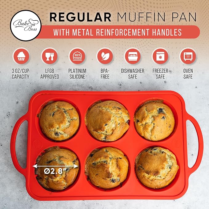 Silicone Muffin Pan, Regular Size 6 Cup Nonstick Cupcake Pan, BPA-Free | Metal Reinforced Silicone Muffin Pans for Baking, Nonstick Silicone Cupcake Pan, Easy Release Surface, Dishwasher Safe
