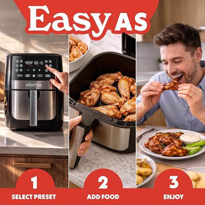 Gourmia 8 Qt Digital Air Fryer GAF826 – XL Capacity with 12 One-Touch Presets, Nonstick Dishwasher Safe Basket, Oil-Free Cooking, ETL-Certified, Sleek Black Finish