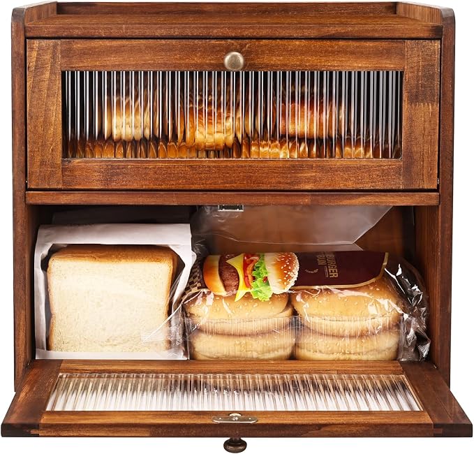 Alpeir Wooden Bread Box for Kitchen Countertop, Large Double Layer, Brown | Food-Safe Pine Wood, Double-Row Ventilation, Strong Acrylic Window, Raised Top Shelf, Easy Care, Farmhouse Corner Container