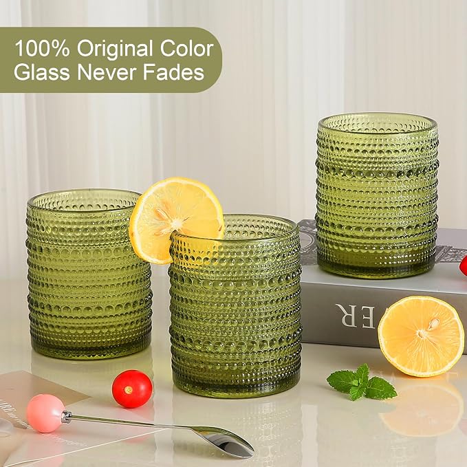 ZMOWIPDL Drinking Glasses Set of 6,12oz Green Hobnail Glass Cups | Vintage Glassware，Embossed Water Tumbler,for Beer,Cocktail,Whiskey,Juice and Various Mixed Drinks- 1 Cleaning Brush