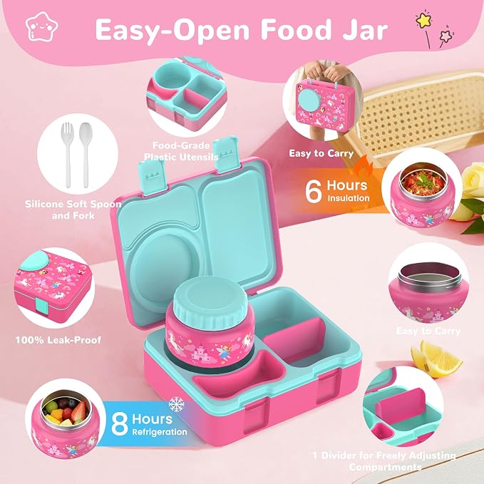 Bento Box for Kids, Leakproof Kids Lunch Box with 8.5OZ Thermo Food Jar & Lunch Bag, 3-4 Compartments Toddler Insulated Lunch Box for Girls, BPA Free Lunch Containers for School Daycare