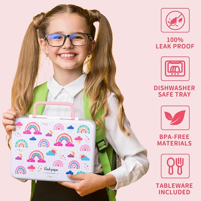 rockpapa 5.5 Cups Bento Lunch Box for Kids, 5-Compartment, Rainbow | BPA-Free, Leak Proof, with Utensils & Handle, Microwave Safe, Dishwasher Safe, for School, Picnic, Boys, Girls