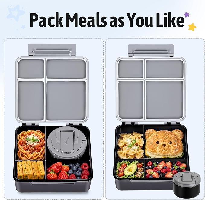 Bento Lunch Box Set for Kids with 8 oz Soup Thermo, Leakproof Hot Food Container with 4 Compartments, Insulated Food Jar for Toddler Daycare Boys Girls School - Black