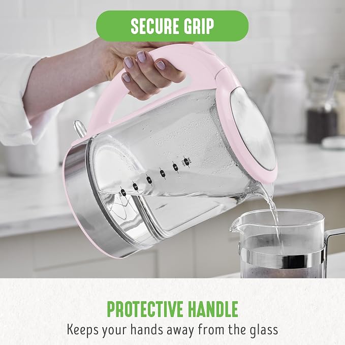 GreenLife 1.7 Liter Electric Glass Kettle, Pink | Glass Body, Auto Shutoff, Thermal Shock Resistant, Quick Heating, Easy One Touch Use, Cordless Serving, LED Base, Coffee/ Tea