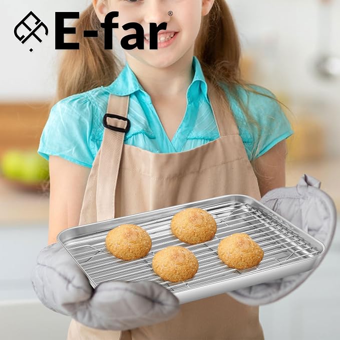E-far 1/8 Baking Sheet with Wire Rack, Stainless Steel 2 Pans + 2 Racks | 9.4 x 7.3 Inch Cookie Sheets Trays & Cooling Rack for Toaster Oven, Non Toxic & Warp Resistant, Oven & Dishwasher Safe