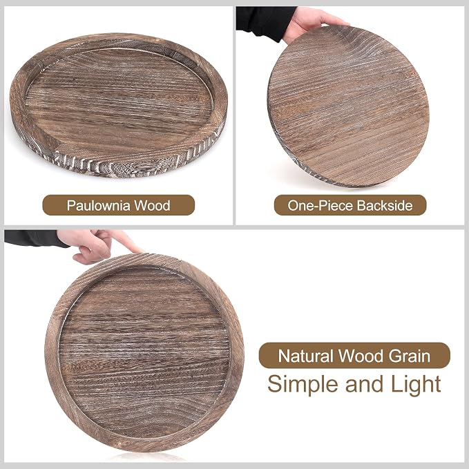 Round Wood Trays Home Decor Farmhouse Coffee Table Centerpieces Decorative | Circle Small Wooden Candle Holder Rustic Living Room Dining Table Decorations Boho Kitchen Bathroom Counter Dresser Tray