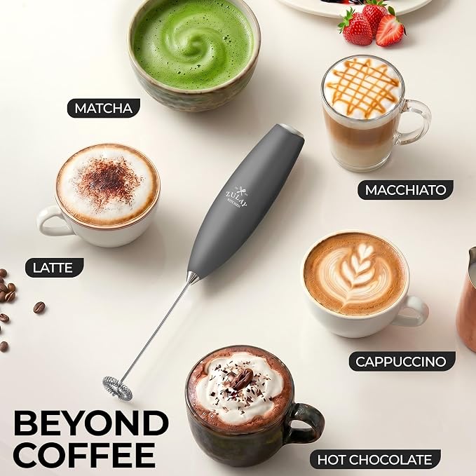 Zulay Powerful Milk Frother for Coffee with Upgraded Titanium Motor - Handheld Electric Whisk, Milk Foamer, Mini Mixer & Coffee Blender for Frappe, Latte, Matcha, No Stand - Quantum Gray