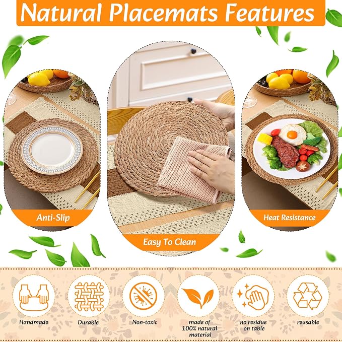 4 Sets Boho Decoration Placemats Round Woven Placemats, Cloth Napkins, Wood Bead Napkin Rings, Long Table Runner and Farmhouse Burlap Cotton for Table Kitchen (Caramel,12x72)