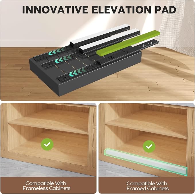 Seinloes 2 Pack Pull Out Cabinet Organizers 21" Deep With Raising Pad for Framed Cabinets, Expandable Width (9"-14") Slide Out Drawers Upgrade 3 Slide Rails, Roll Out Shelves Adhesive, Black