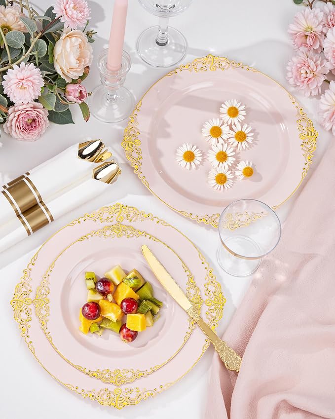 Nervure 700Pcs Pink Plastic Plates, Plastic Dinnerware Set for 100 Guests | 100 7.5" Dessert & 100 10.25" Dinner Plastic Plate, 300 Silverware, 100 10oz Cups, 100 Napkin for Wedding & Party, BPA-free