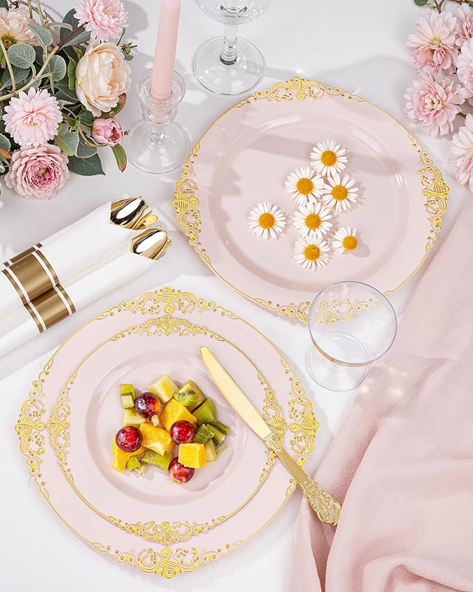 Nervure 175Pcs Pink Plastic Plates, Disposable Party Plates for 25 Guests | 25 7.5" Dessert & 25 10.25" Dinner Plastic Plates, 75 Gold Cutlery, 25 9oz Cups, 25 Napkin for Wedding & Party, BPA-free